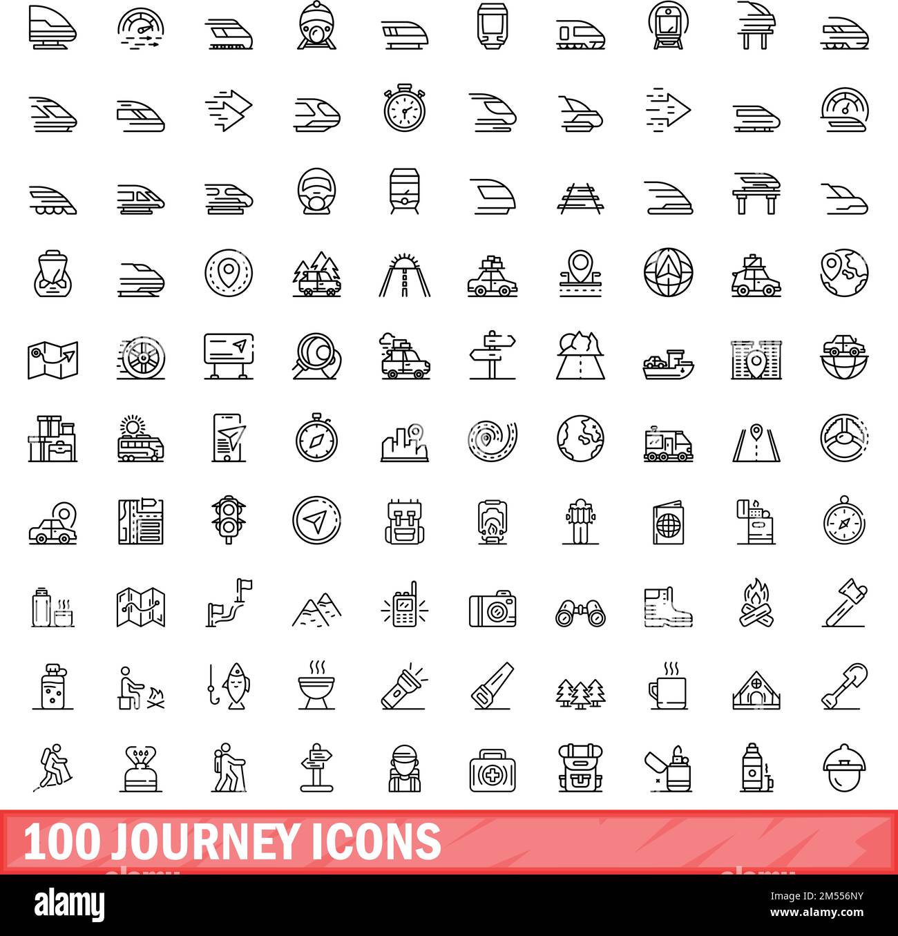 100 journey icons set. Outline illustration of 100 journey icons vector set isolated on white background Stock Vector