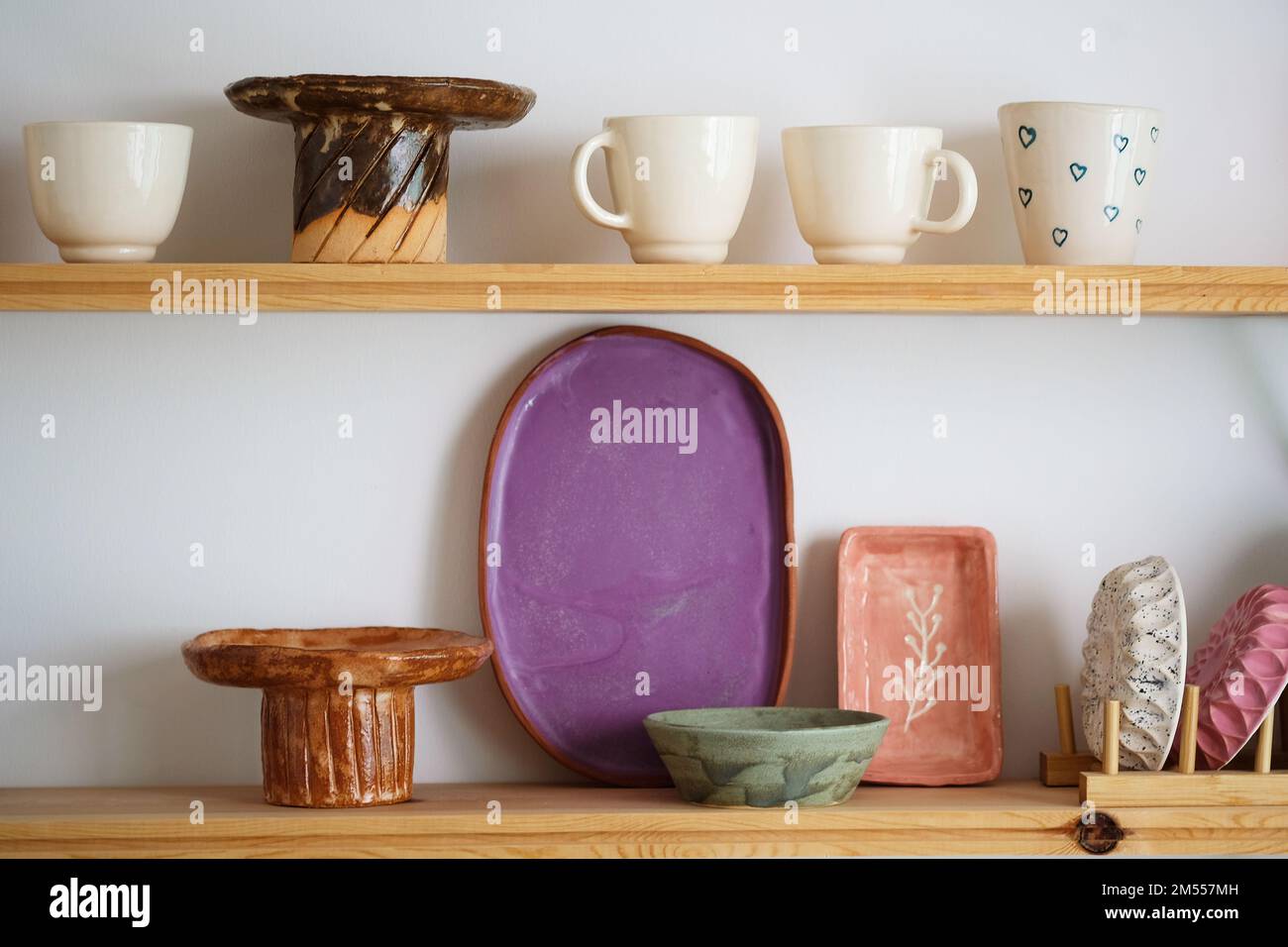 View of Handmade craft glazed modern ceramics shop. Eco friendly sustainable ...