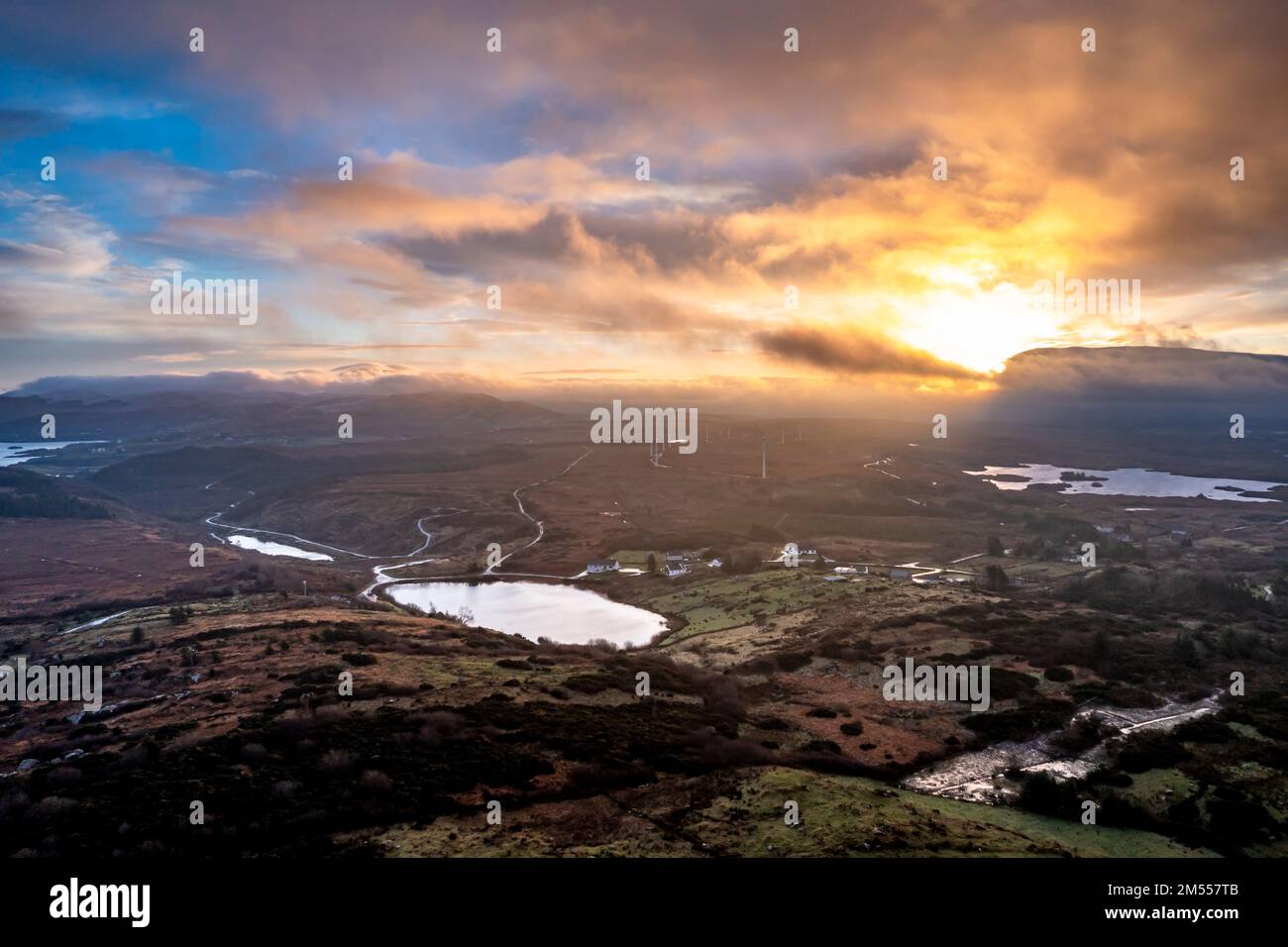 Aerial view of amazing sunrise at Bonny Glen in County Donegal - Ireland. Stock Photo