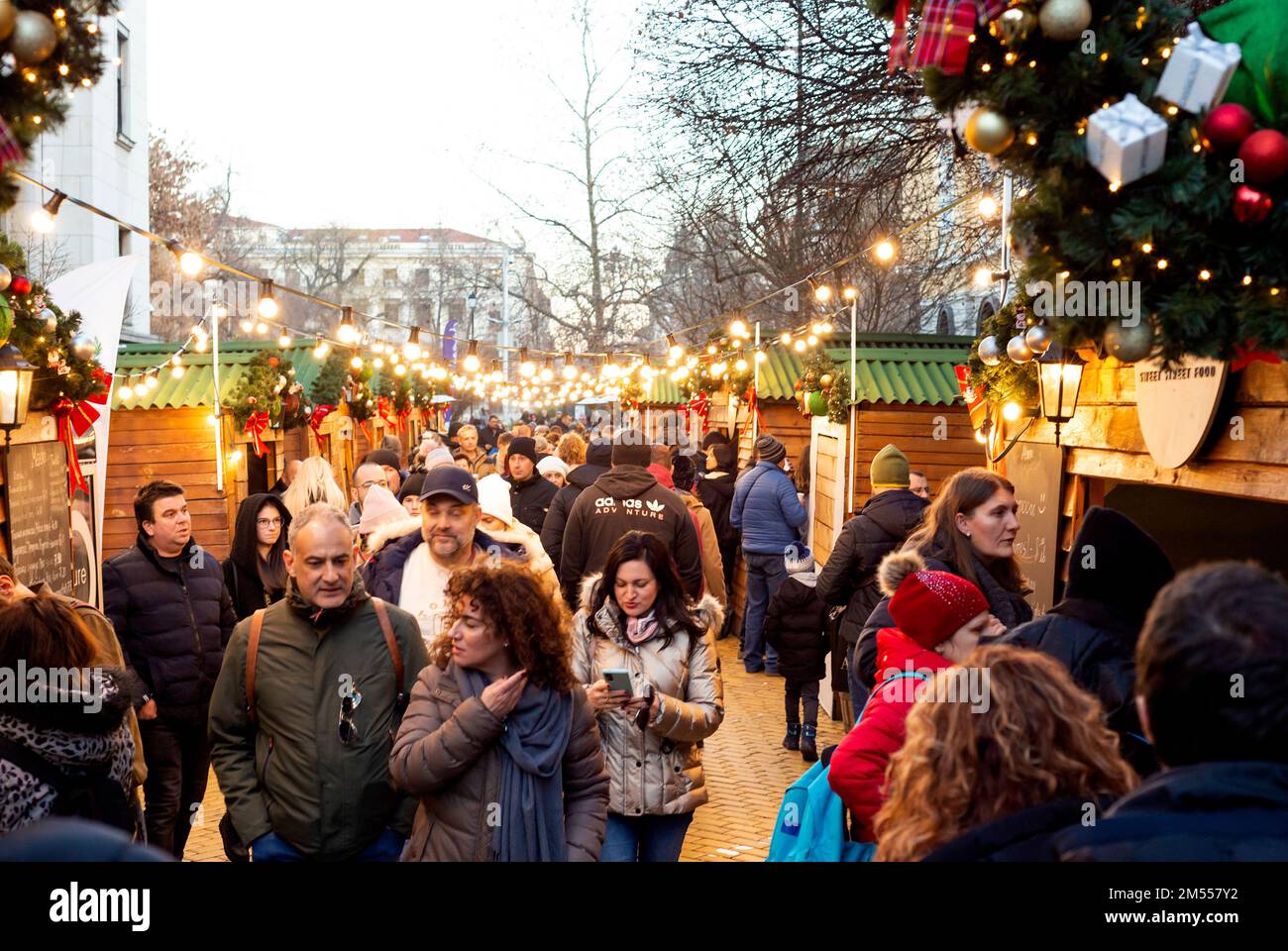 Shoppers at Christmas street market in Sofia, Bulgaria, Eastern Europe