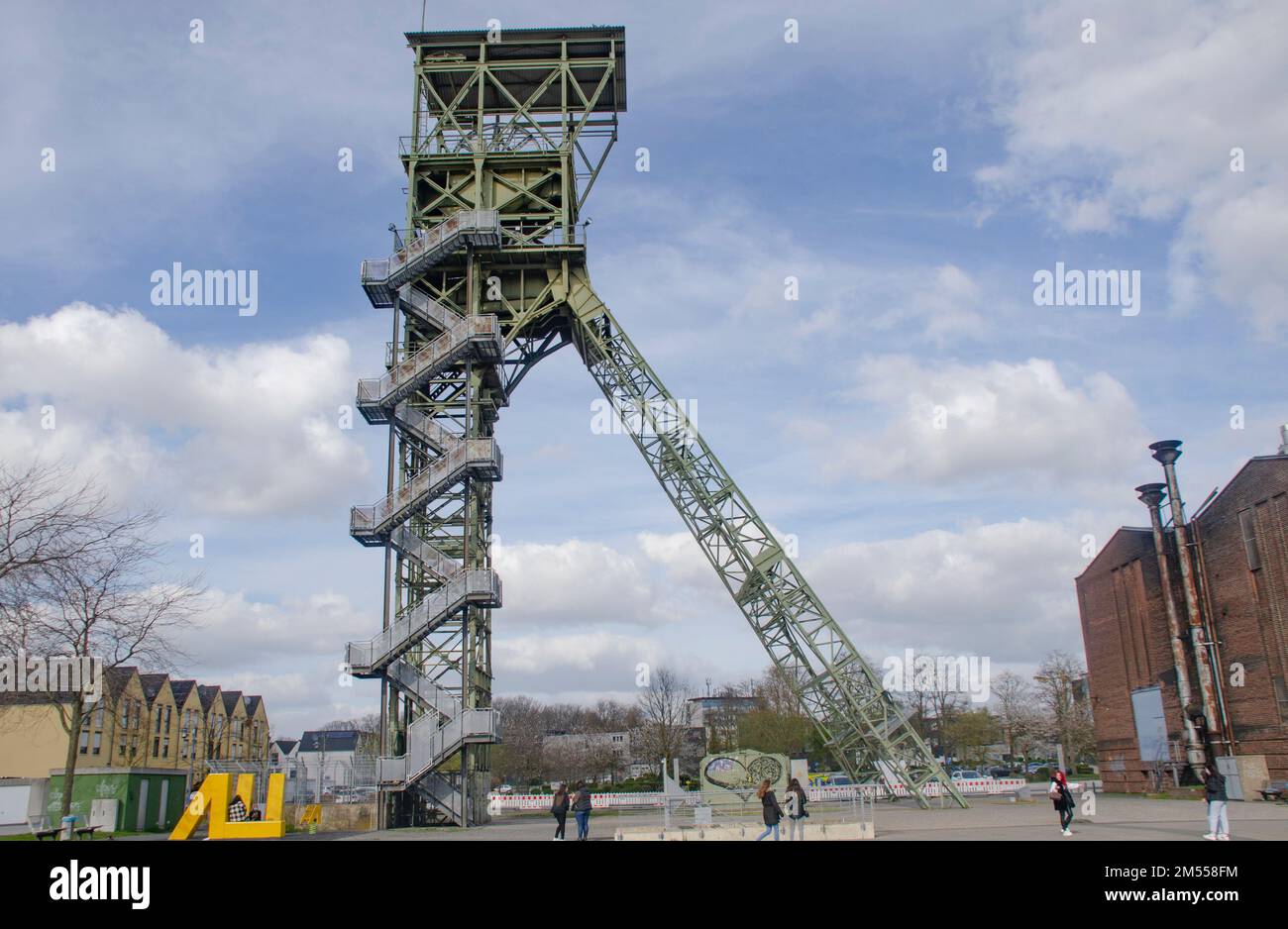 Alsdorf April 2021: Headframe of the former main shaft of the Anna mine, the only remaining shaft frame (headframe) in Alsdorf. In its vicinity there Stock Photo