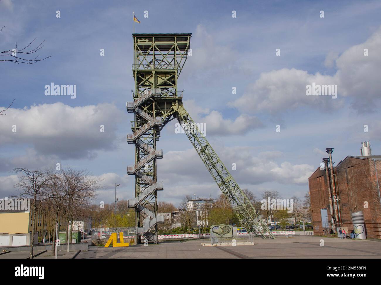 Alsdorf April 2021: Headframe of the former main shaft of the Anna mine, the only remaining shaft frame (headframe) in Alsdorf. In its vicinity there Stock Photo