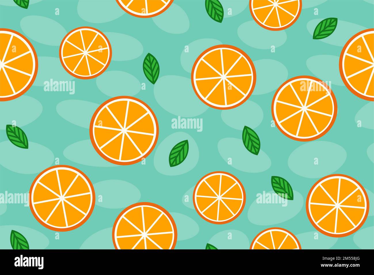 A pattern of orange slices and green leaves on a spotted and turquoise ...