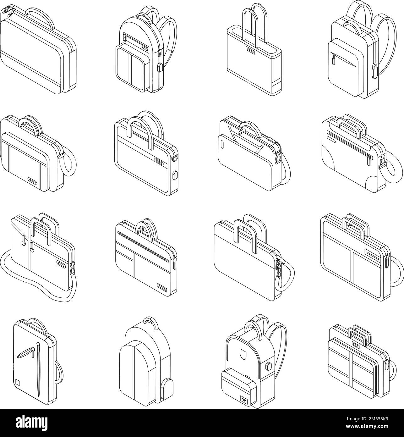 Laptop bag icons set. Isometric set of laptop bag vector icons for web