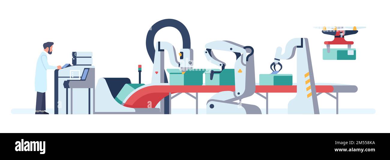 Engineer uses computer to control assembly line. Conveyor belt. Crates