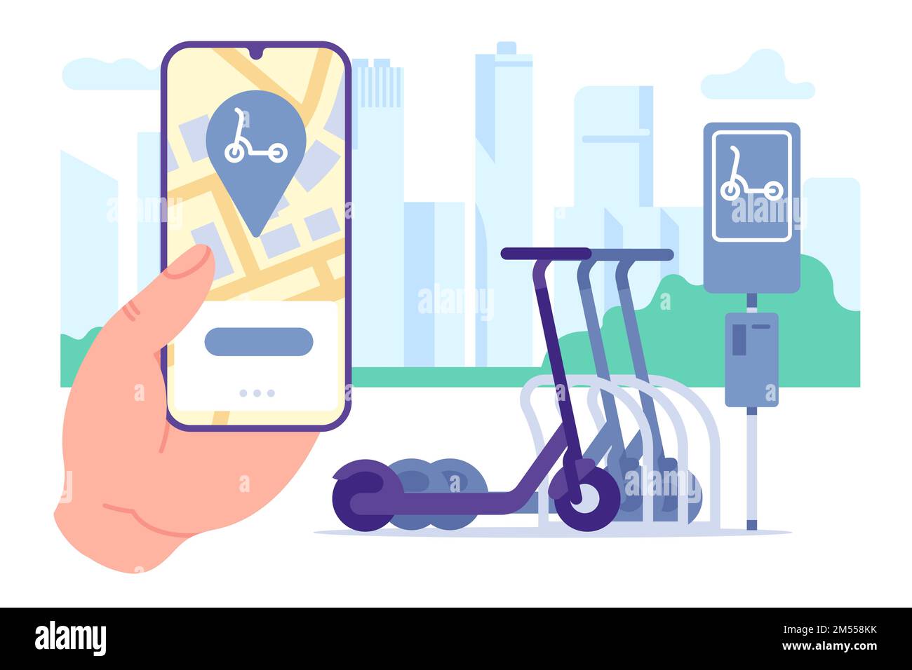 Electric scooter rental mobile app. Transport sharing. Parking station
