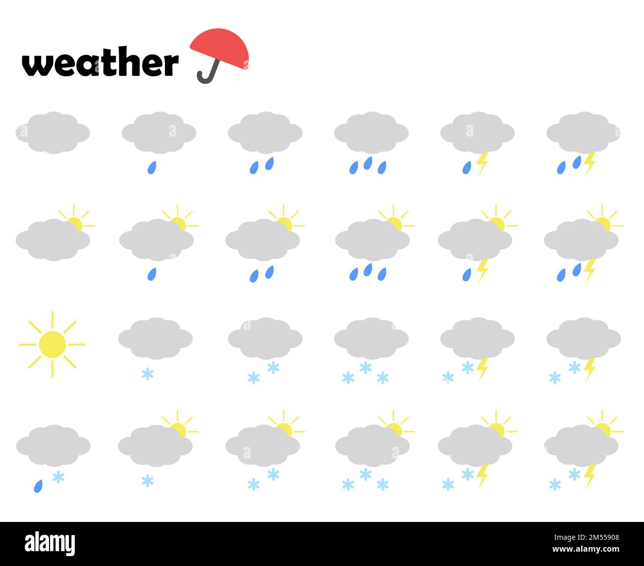 Symbols in the form of clouds, sun, lightning, rain, snow. A blank for the weather forecast. Stock Vector