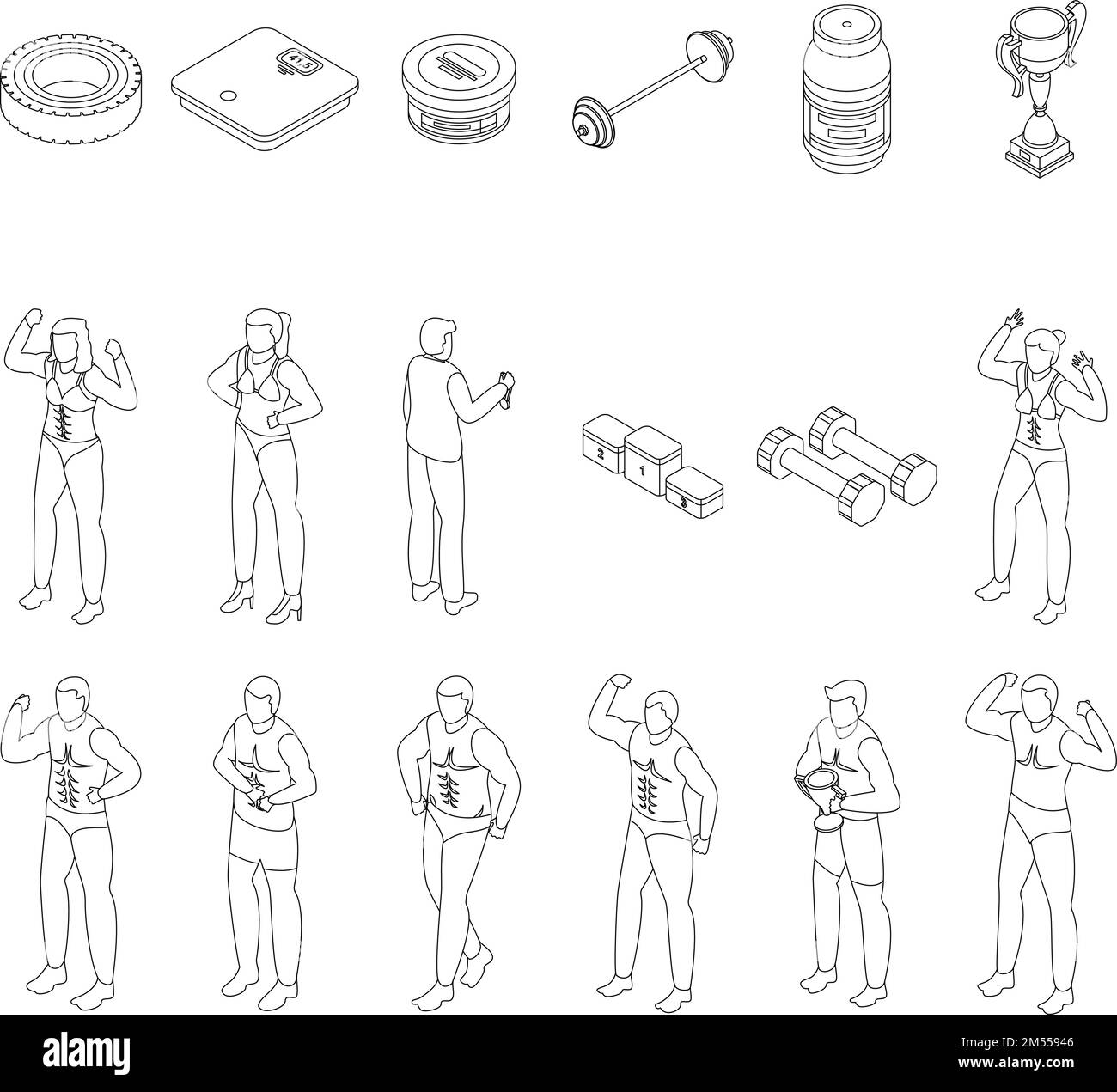 Bodybuilding icons set. Isometric set of bodybuilding vector icons for ...