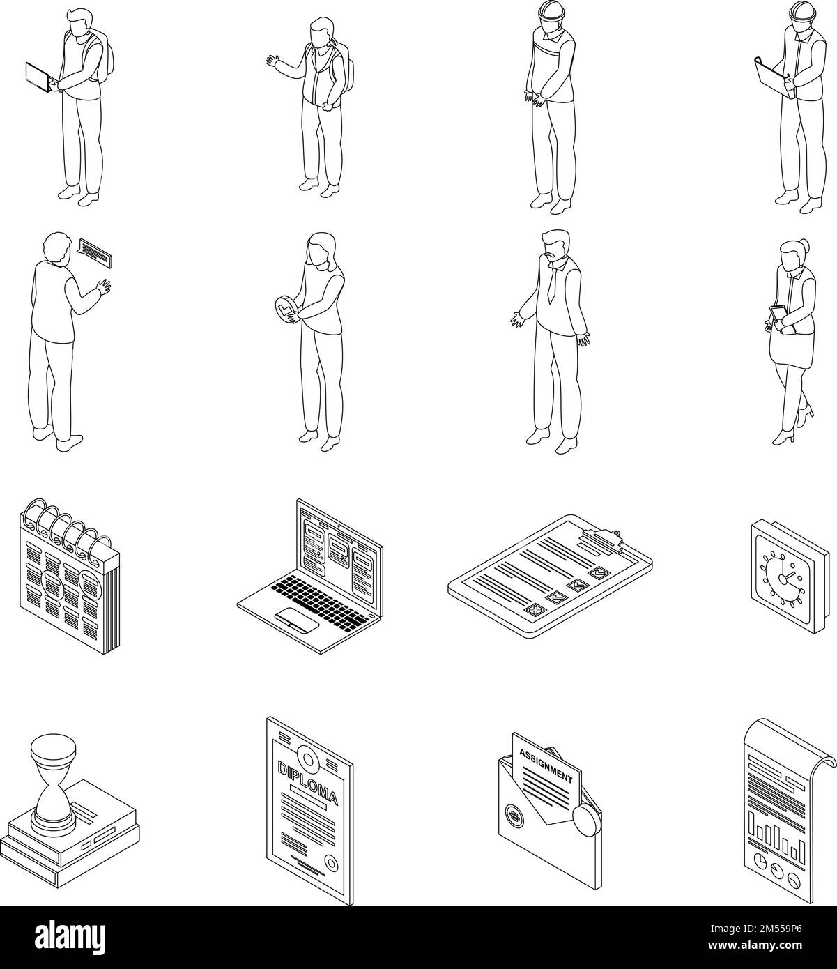 Assignment icons set. Isometric set of assignment vector icons for web design isolated on white background outline Stock Vector