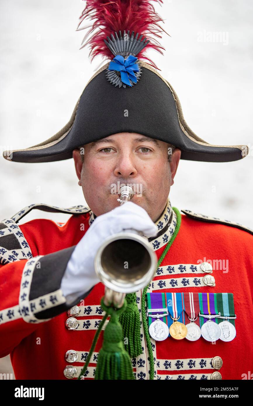 Hillsborough Fort Guard Bugler Andrew Carlisle. The bugler who played at the proclamation of the King in Royal Hillsborough is helping to keep centuries of military tradition alive in the Co Down village. Stock Photo