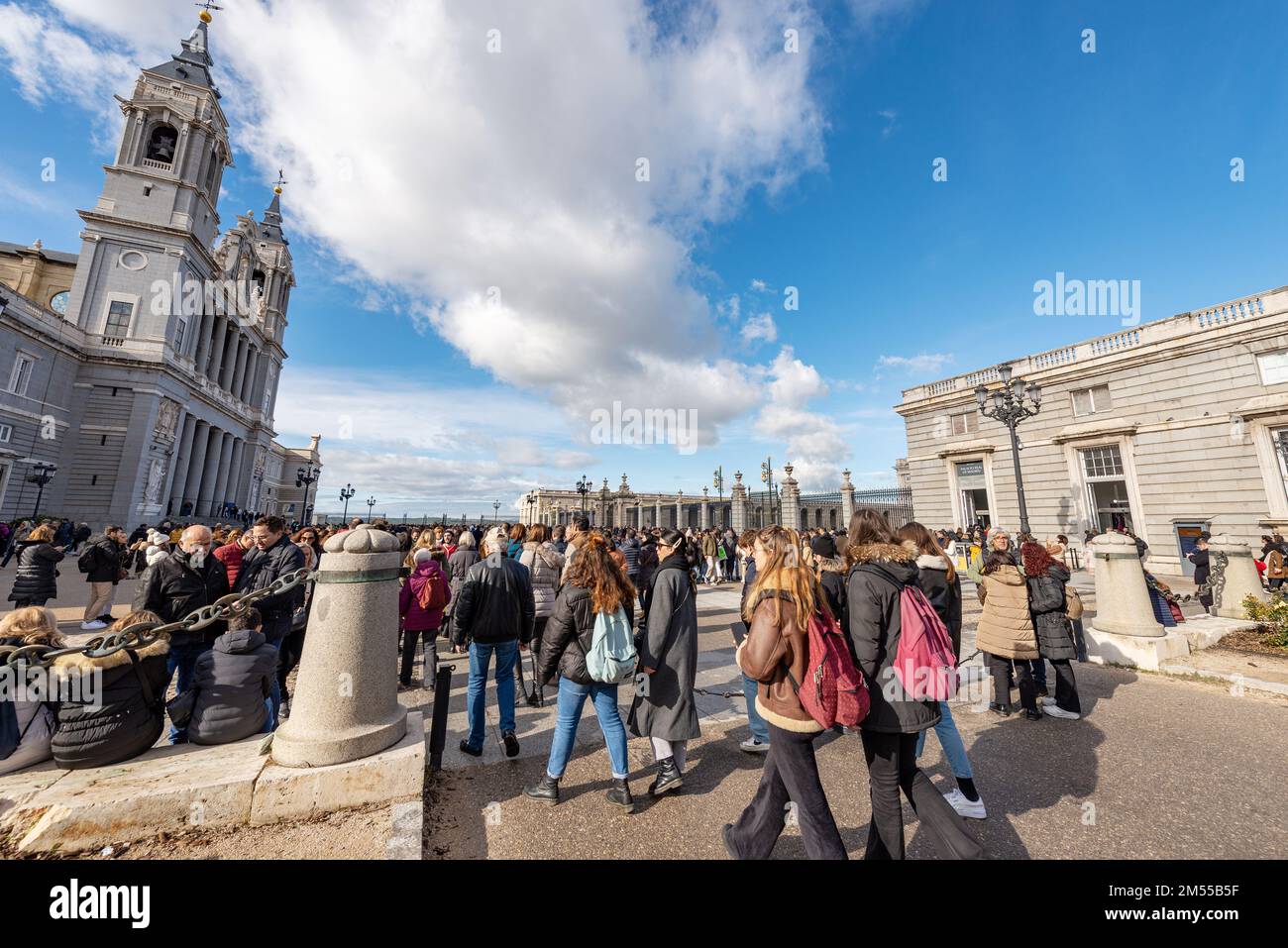 Madrid Royal Palace in Baroque style and the Almudena Cathedral (Catedral de Santa Maria la Real de la Almudena) in Madrid, Plaza de la Armeria, Spain Stock Photo