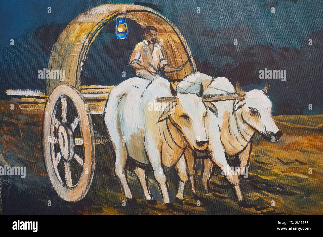 A painting of a man riding two cows with sunlight reflection Stock ...