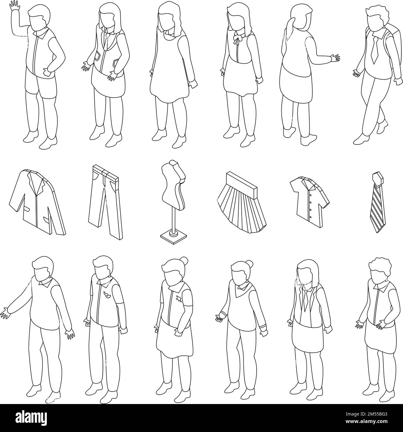 School uniform icons set. Isometric set of school uniform vector icons for web design isolated on white background outline Stock Vector
