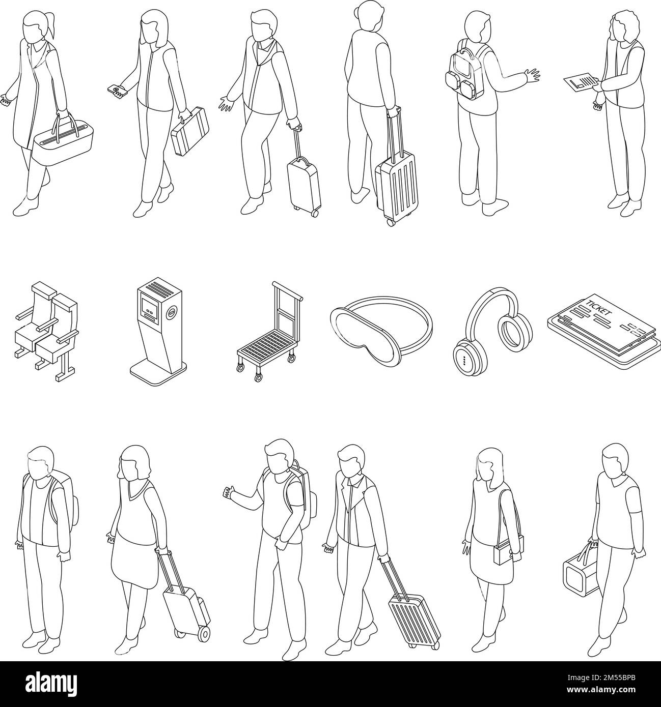 Airline passengers icons set. Isometric set of airline passengers vector icons for web design isolated on white background outline Stock Vector