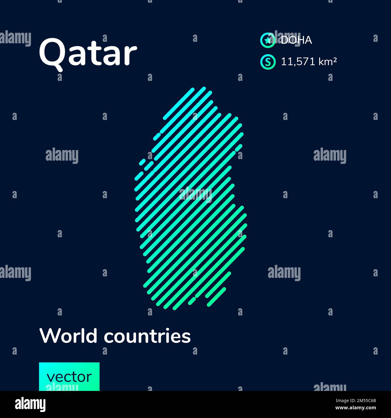 Map of Qatar. Vector creative digital neon flat line art abstract