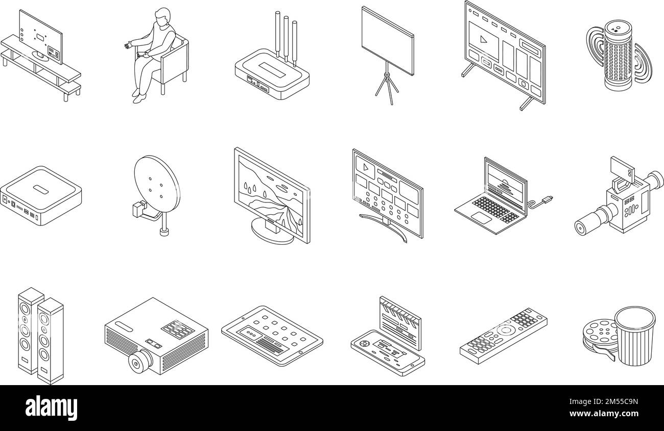 Interactive tv icons set. Isometric set of interactive tv vector icons for web design isolated on white background outline Stock Vector