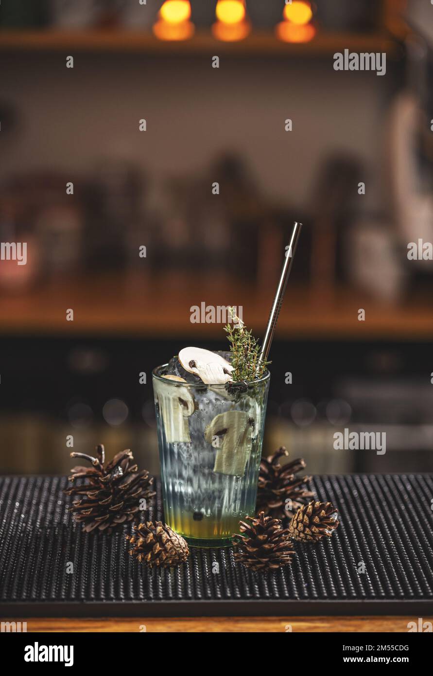 Winter drinks. Christmas holiday non alcoholic beverage. Lemonade with pine syrup Stock Photo