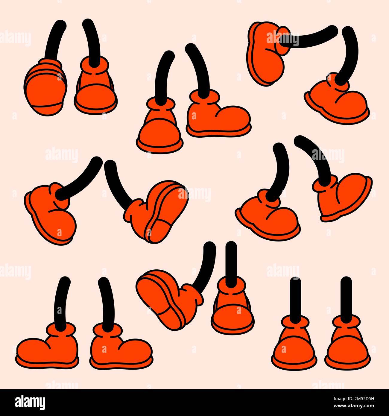 Retro cartoon legs in shoes. Vintage 50s, 60s comic style feet set