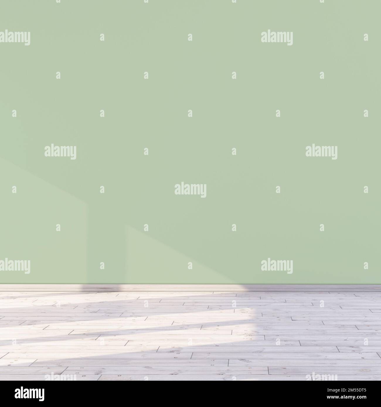 Empty nursery room with light baby green wall and sunlight through