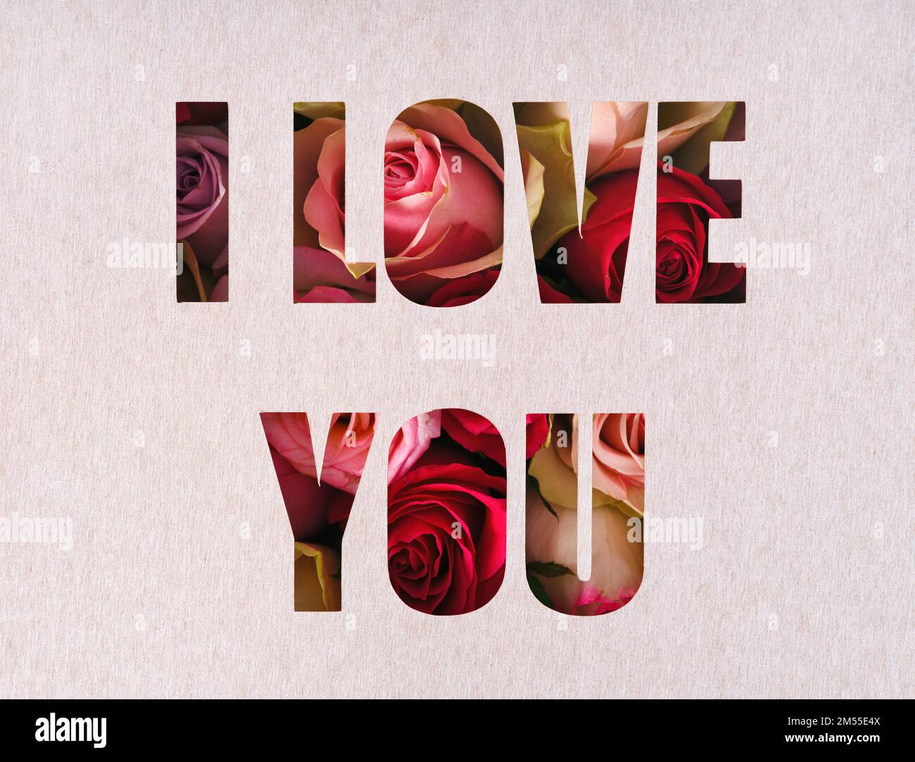 The words I Love You cut out of a white gray piece of paper with roses ...