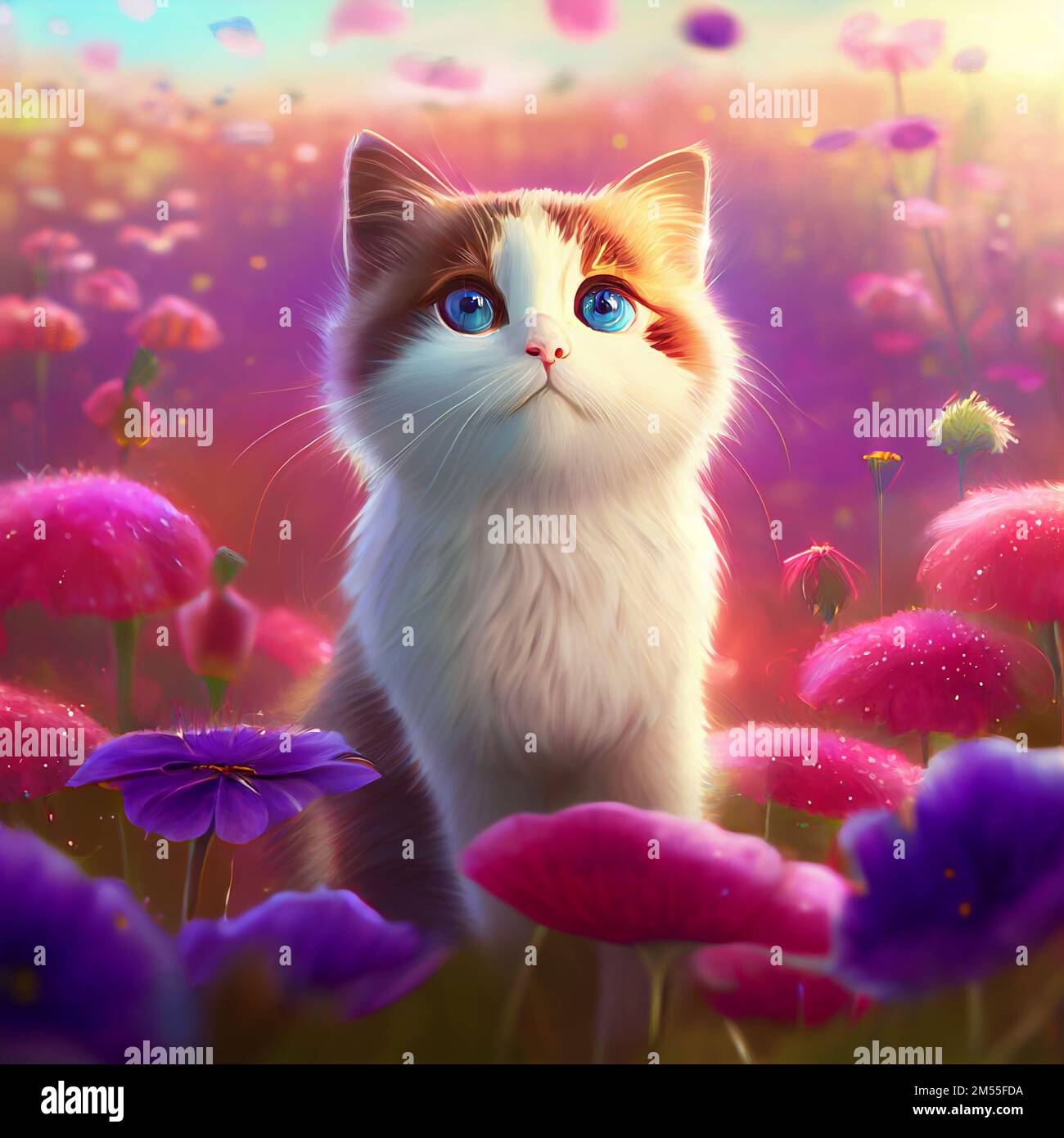 Cute cartoon Cat, pink flowers. character rendered AI computer Stock Photo  - Alamy