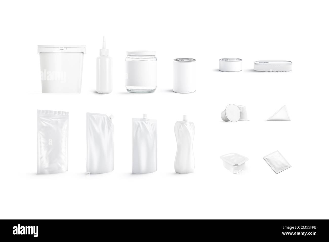 Blank white conserve pack mockup, different types, 3d rendering. Empty