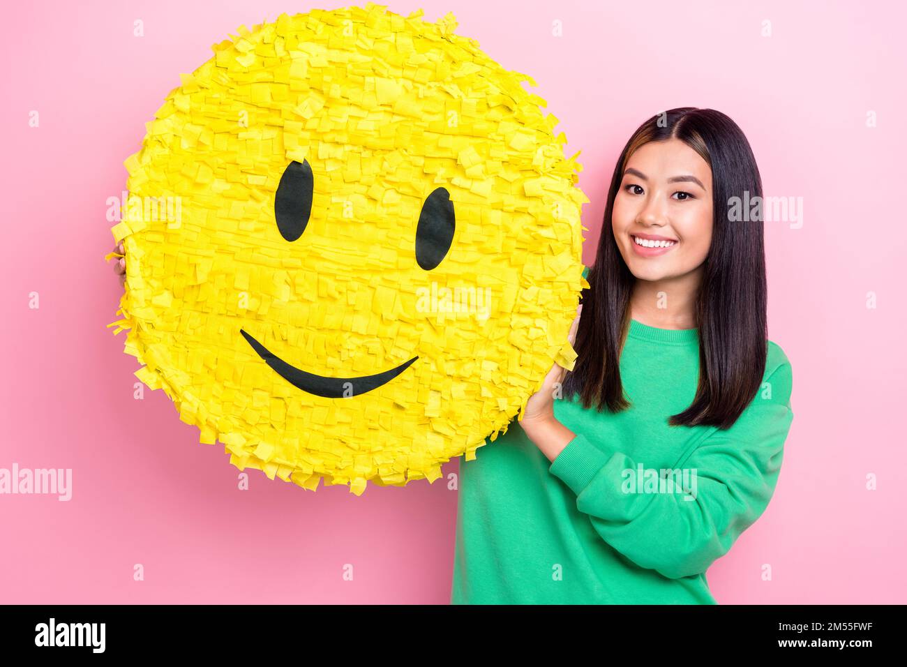 Photo of charming positive girl toothy smile hands hold big smile emoji  collage isolated on pink color background Stock Photo - Alamy, image size:1300x956