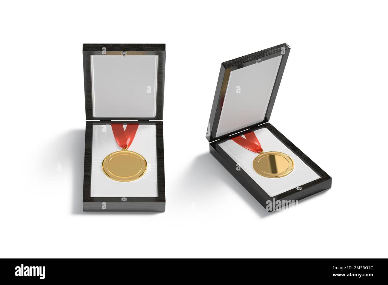 Blank gold medal in wood box mockup, front side view, 3d rendering