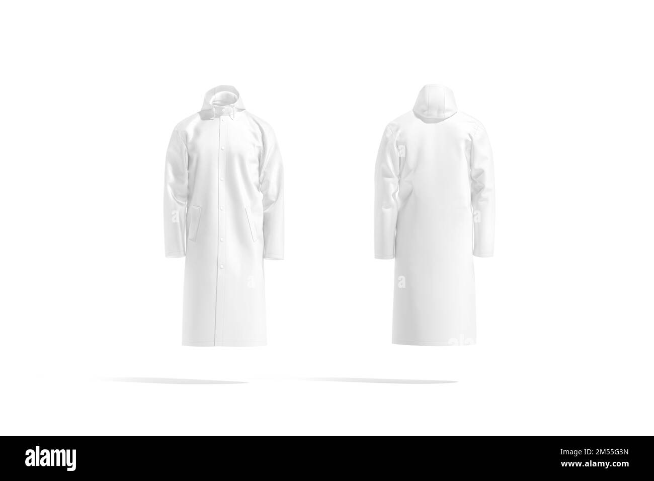 Blank white protective raincoat mockup, front and back view, 3d rendering. Empty autumn oversized outerwear for rainy protection mock up, isolated. Cl Stock Photo