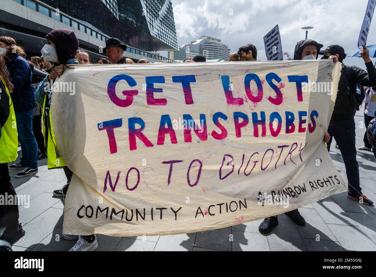 Get lost transphobes banner at the  Protest against the Far Right CPAC Conference at the International Conference Centre, Darling Harbour, Sydney, NSW Stock Photo