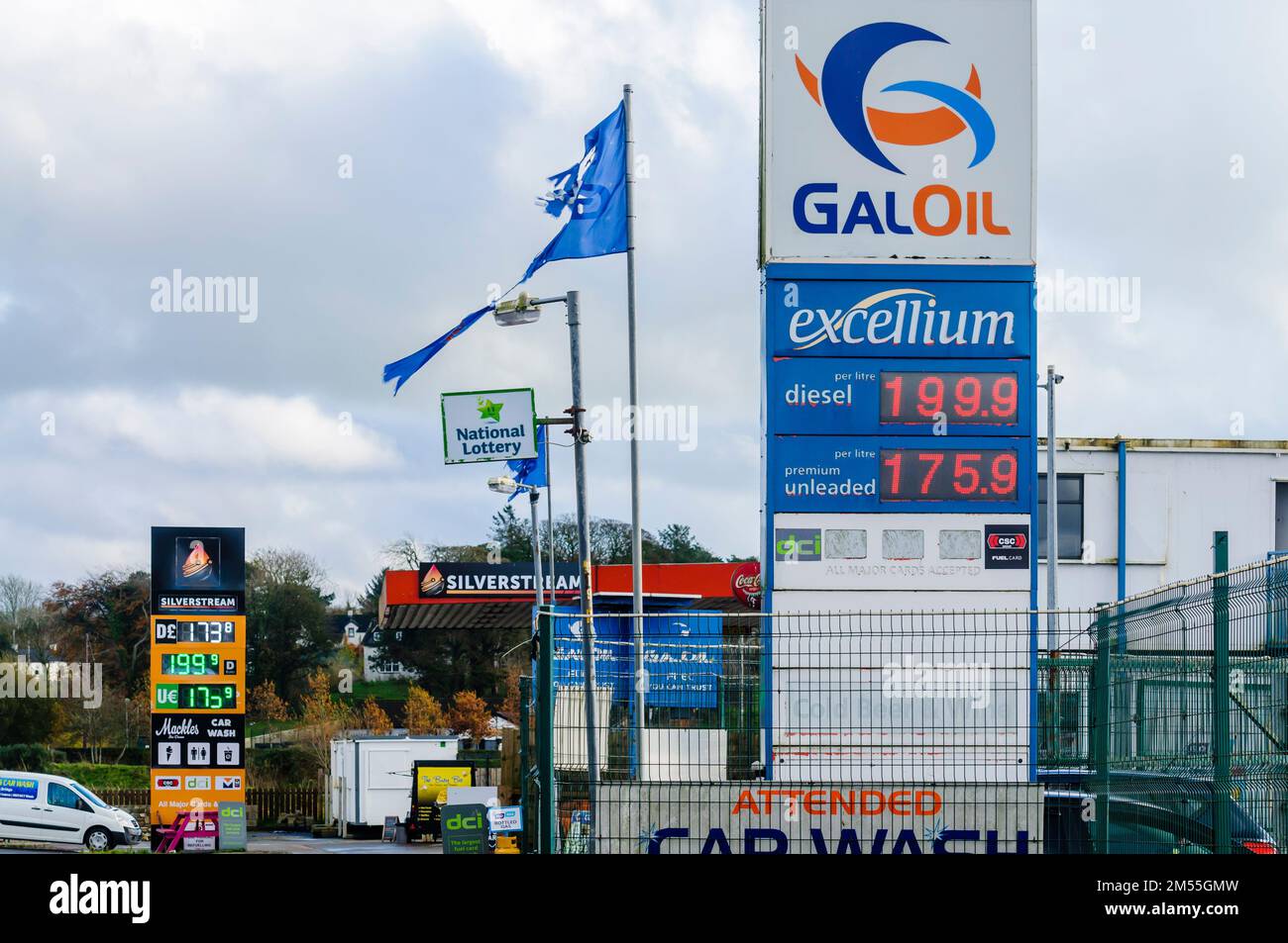 Forecourt price signs at a filling station showing diesel at 199.9 and ...