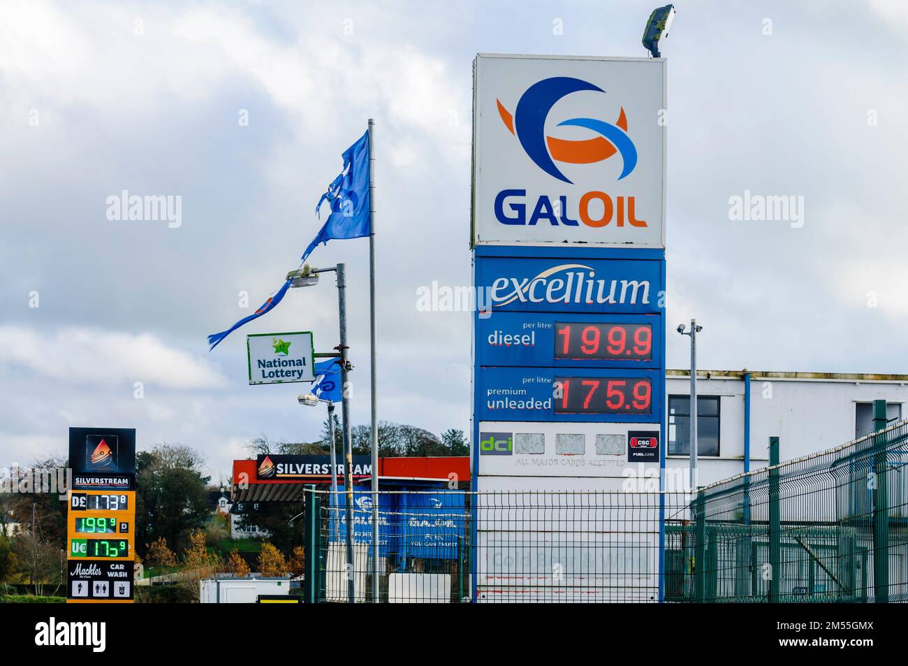 Forecourt price signs at a filling station showing diesel at 199.9 and ...