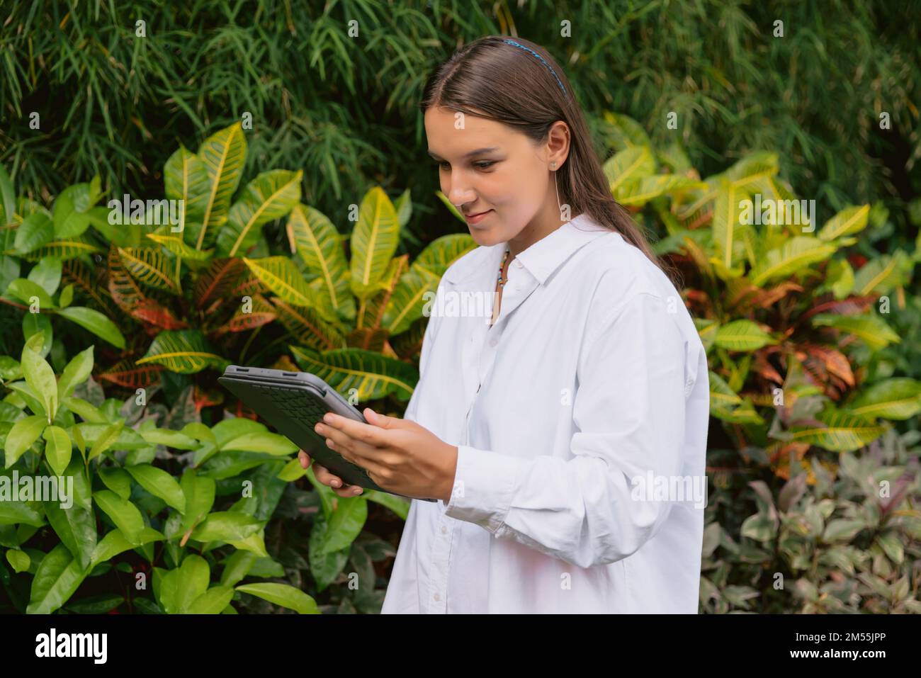 Attractive young woman freelancer using digital tablet in outdoor Stock Photo