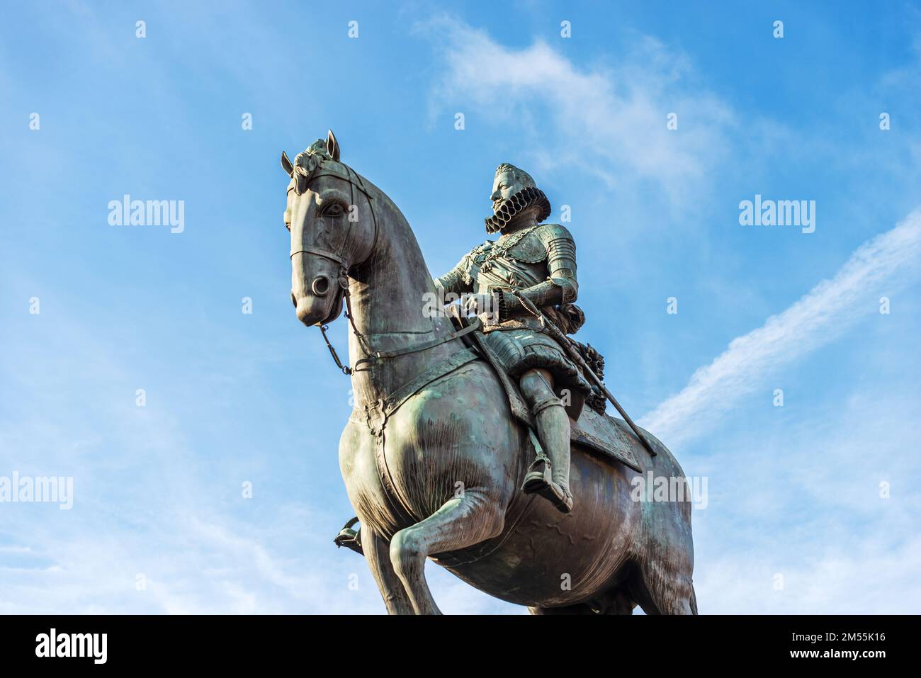 Bronze statue of King Philip III on Horseback (Felipe III or Felipe el Piadoso), in Plaza Mayor (main square), Madrid downtown, Spain, Europe. Stock Photo