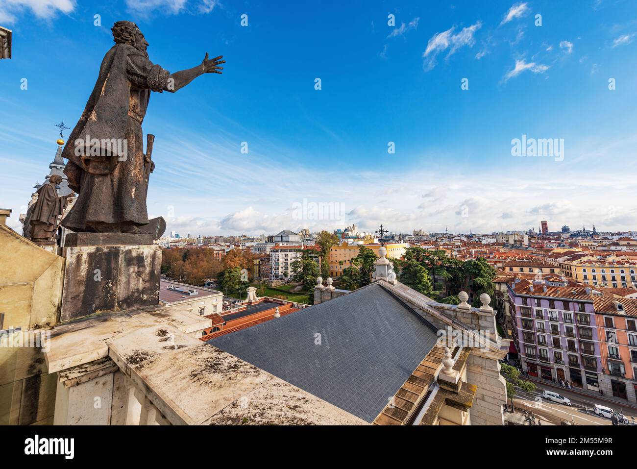 Madrid cityscape from the dome of the Almudena Cathedral in Neo-Romanesque, neo-Gothic and neo-Classical style, 1883-1993. Spain, southern Europe. Stock Photo