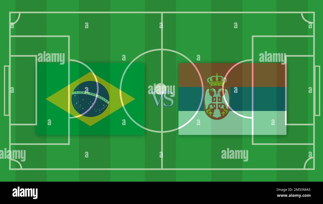 Brazil vs Serbia Football Match Design Element on Football field. Stock Photo