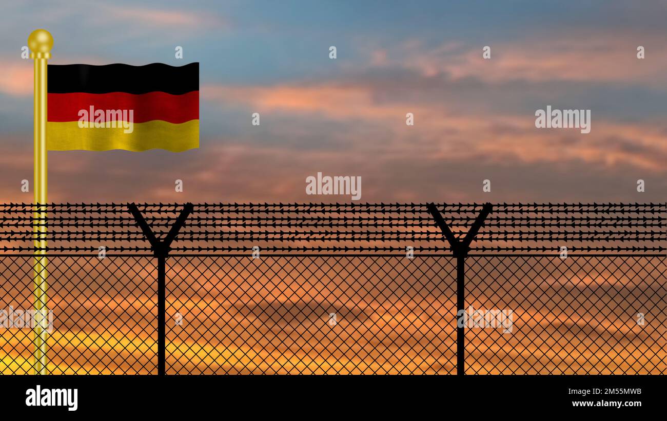 Germany flag waving on defence border at sunset time illustration image. Stock Photo