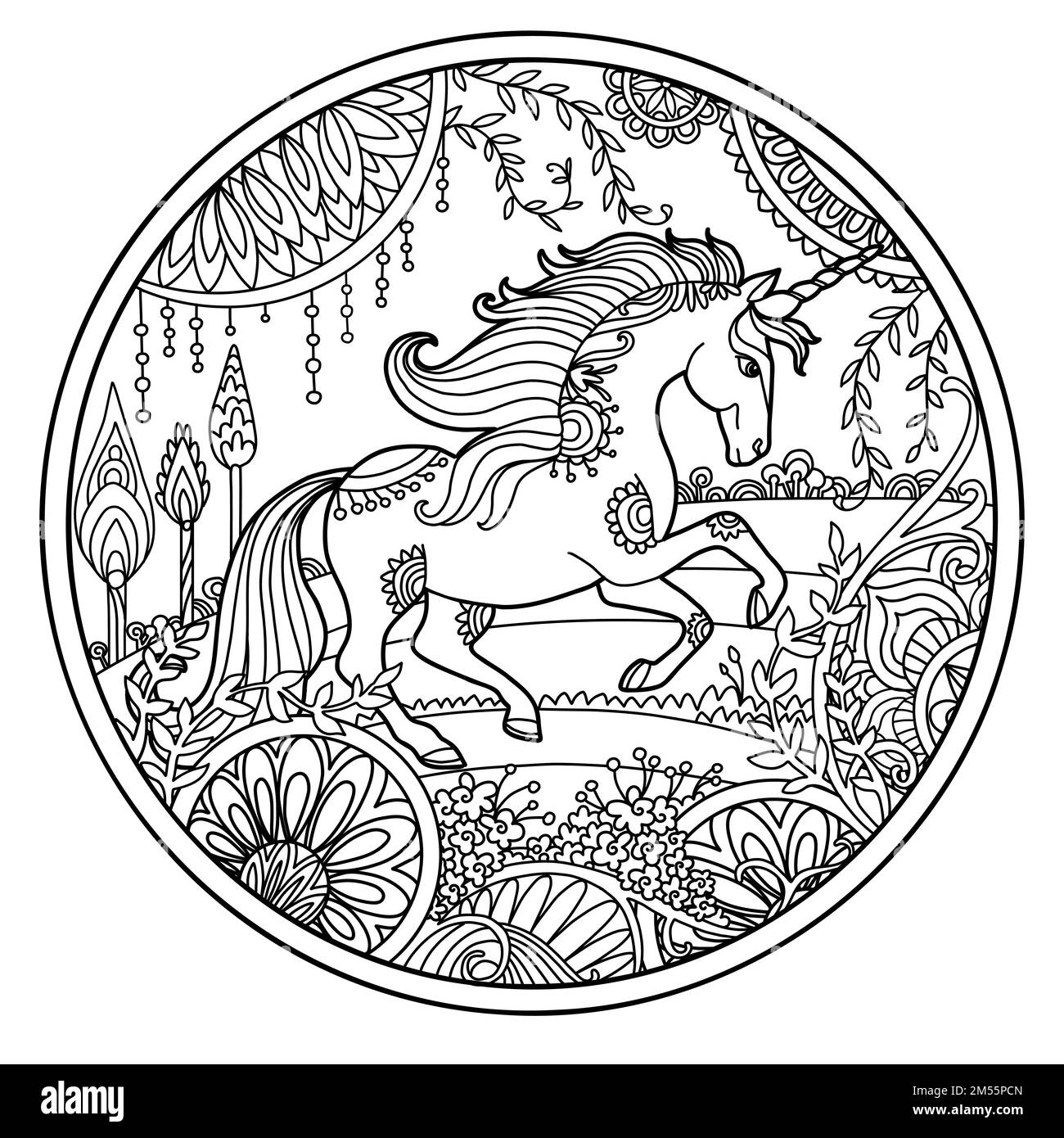 Galloping unicorn in flower frame round shape. Hand drawing magic horse for coloring book, tattoo, design, puzzle, print, decor. Stylized vector illus Stock Vector