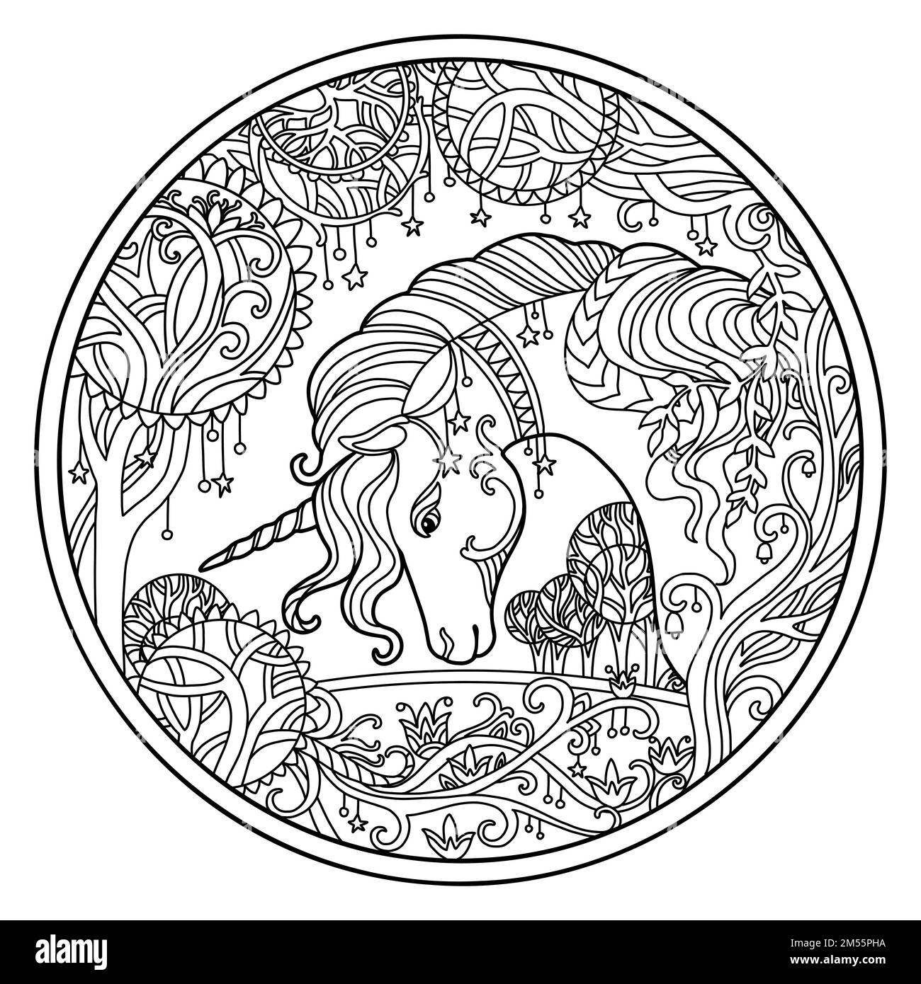 Unicorn in flower frame round shape. Hand drawing horse in magic forest for coloring book, tattoo, design, puzzle, print, decor. Stylized vector illus Stock Vector