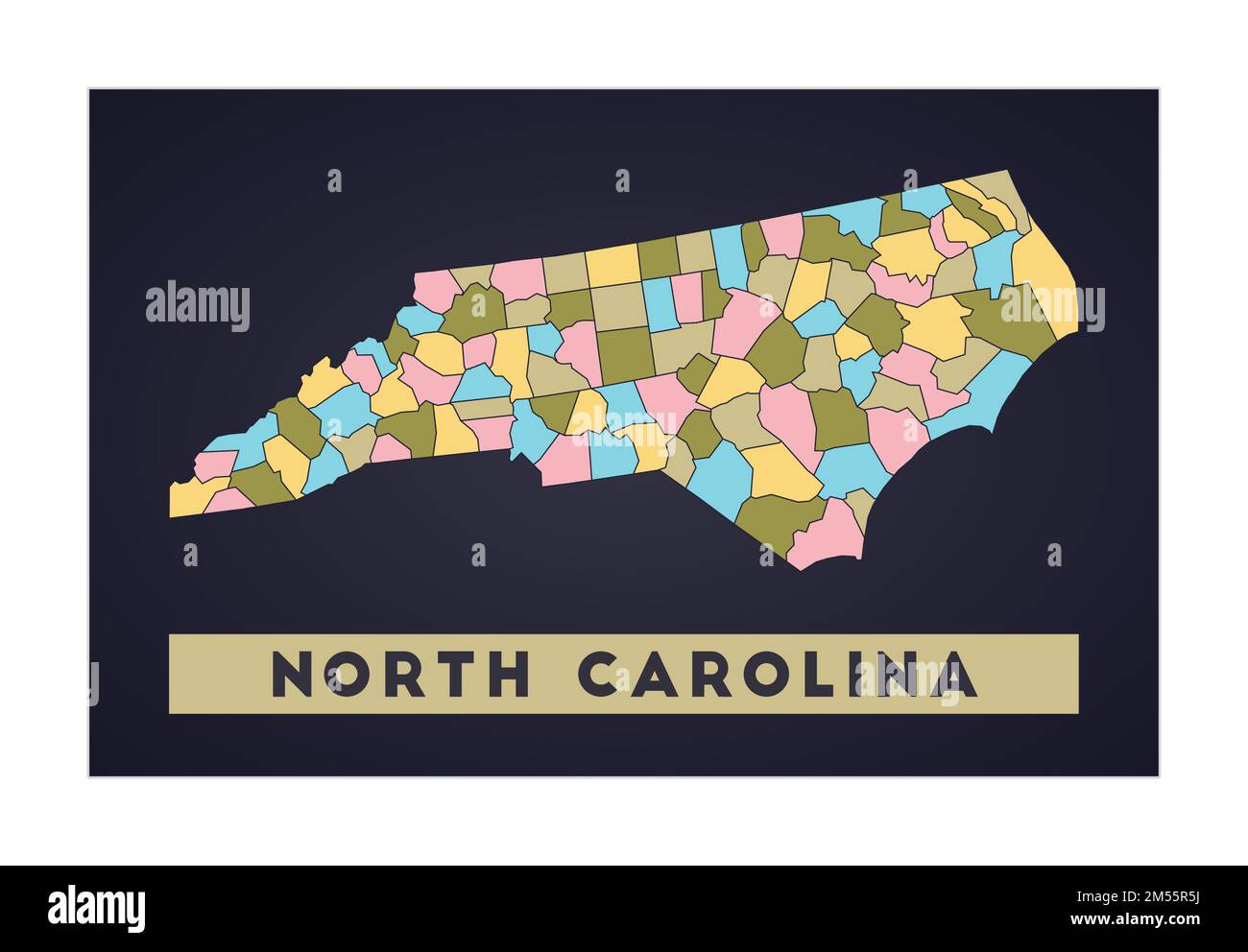 North Carolina map. Us state poster with regions. Shape of North
