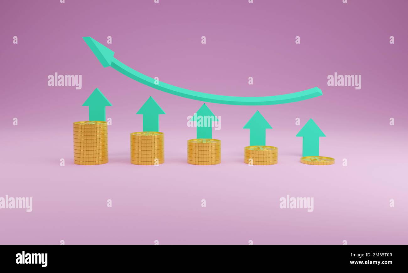 3d render money dollar coin stack with green arrow up, concept saving ...