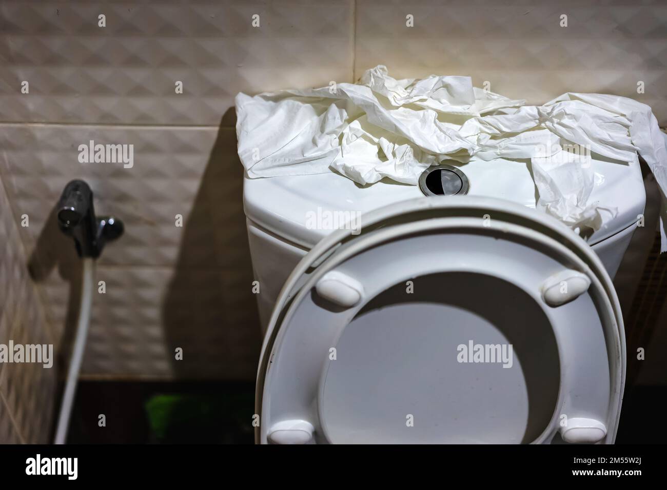 Many of soft toilet paper on top of commode reservoir lid in bathroom. A lot of hygienic paper