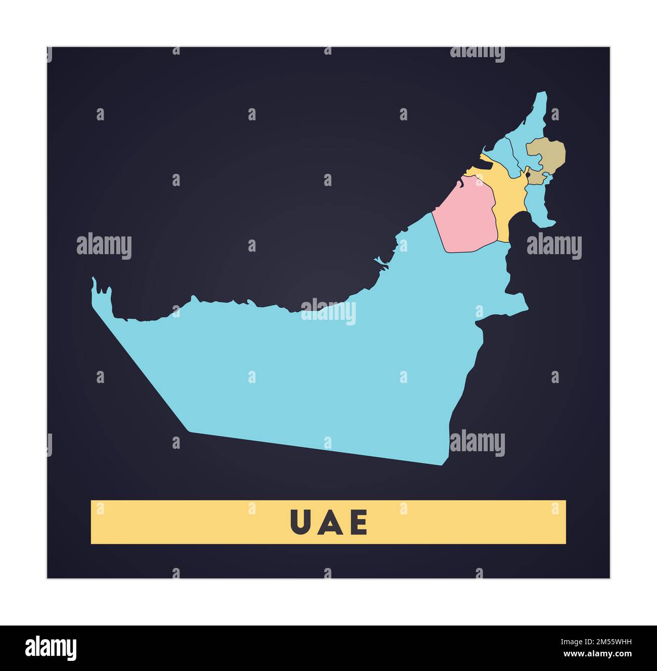 UAE map. Country poster with regions. Shape of UAE with country name. Charming vector illustration. Stock Vector
