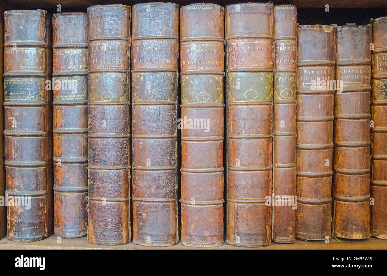 Bookshelf containing a series of leather bound volumes of Chamber's Dictionary.  Copies over 100 years old. Stock Photo