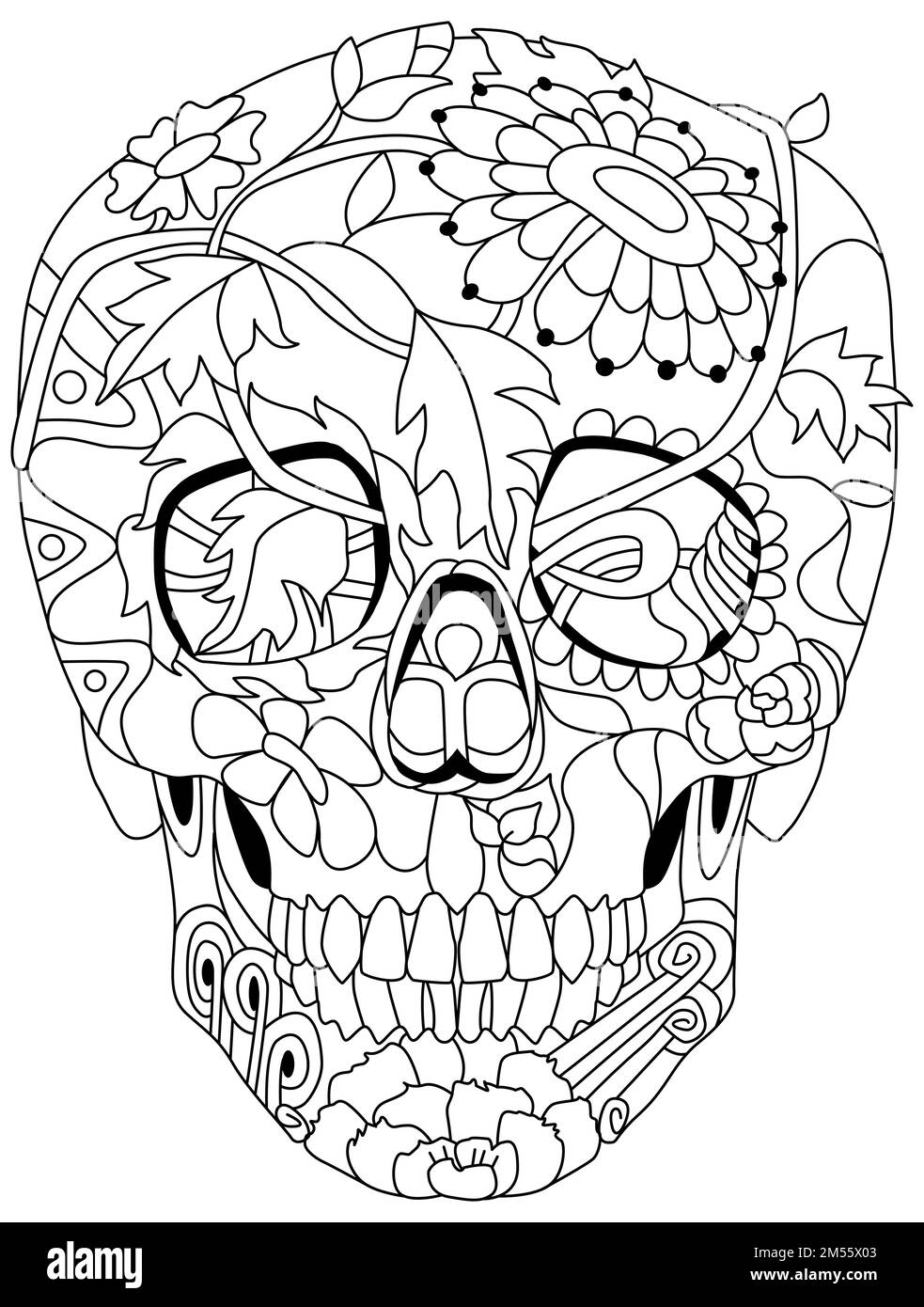 Sugar skull with floral ornament illustration for coloring Stock Vector