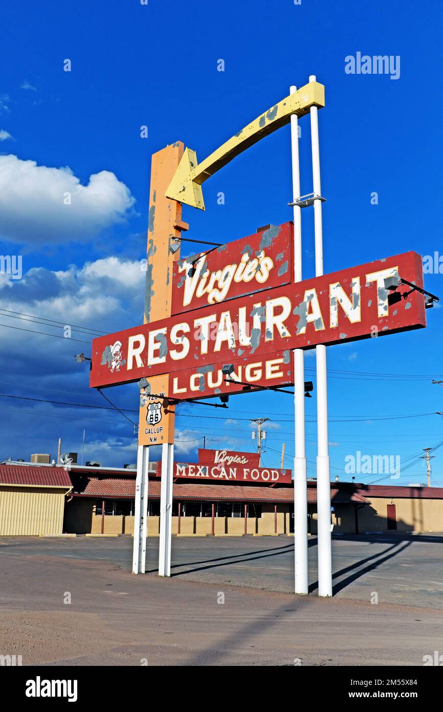 Virgie's Restaurant and Lounge roadside sign along historic highway Route 66 in Gallop, New Mexico. Stock Photo