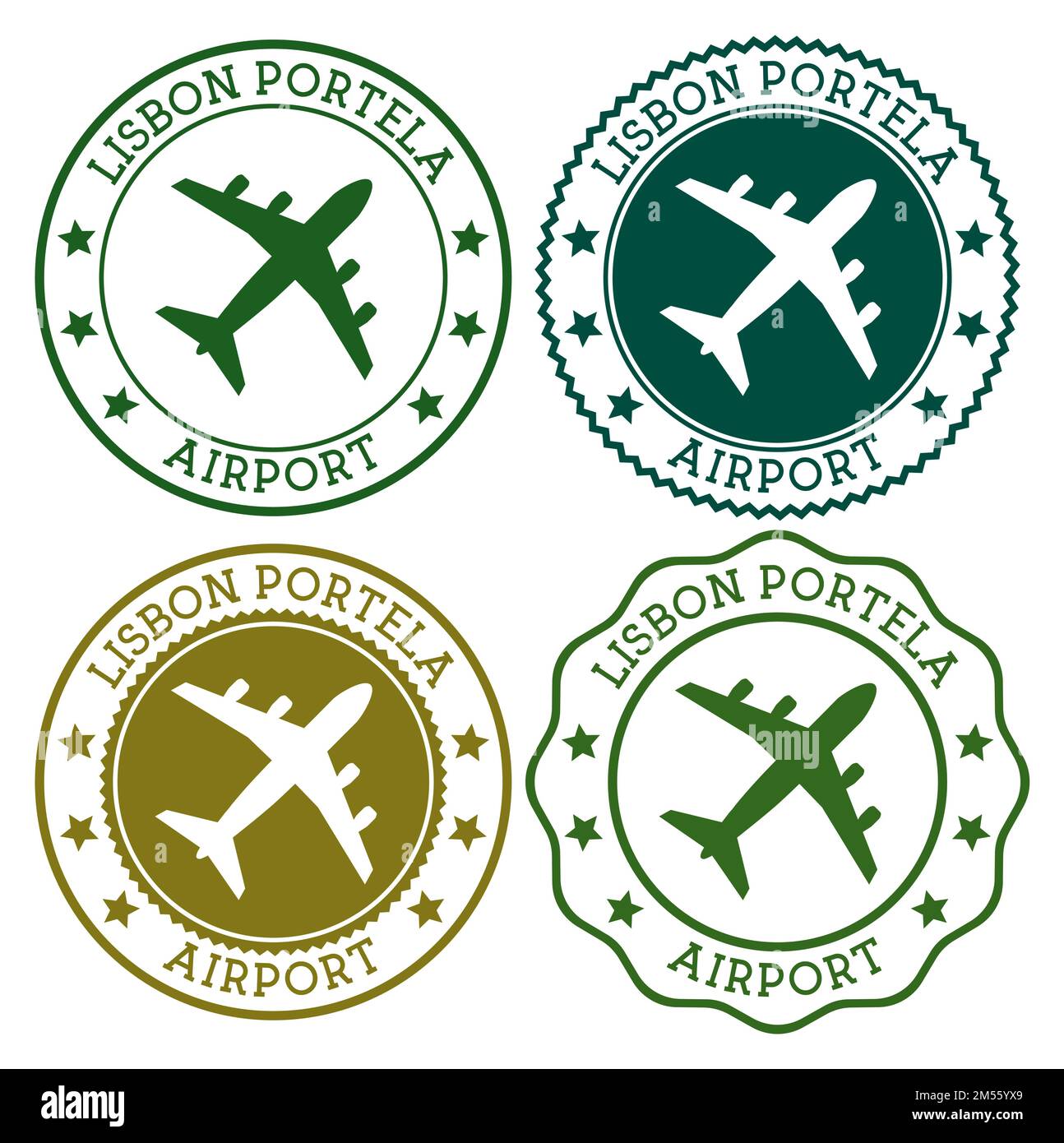 Lisbon Portela Airport. Lisbon airport logo. Flat stamps in material color palette. Vector illustration. Stock Vector