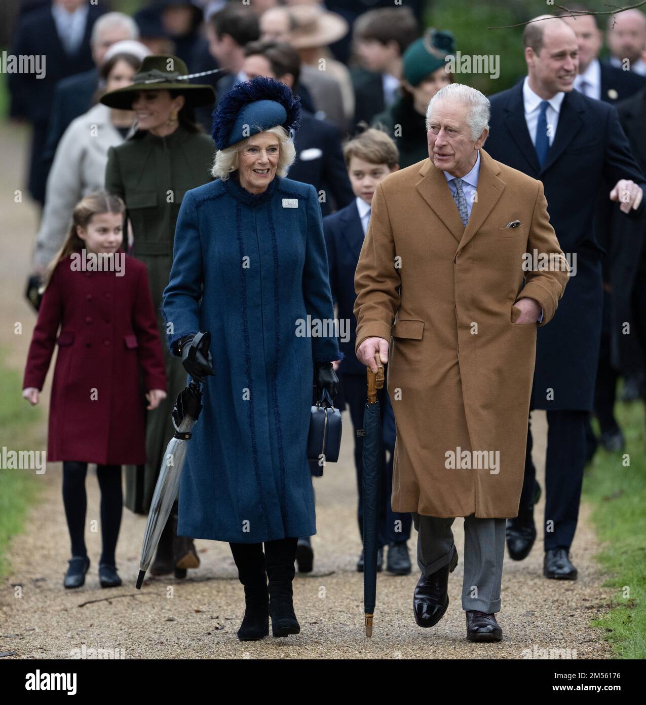 Sandringham, UK. 25 December, 2022.  Princess Charlotte, Catherine, Princess of Wales, Camilla, Queen Consort, Prince George, King Charles III and Pri Stock Photo