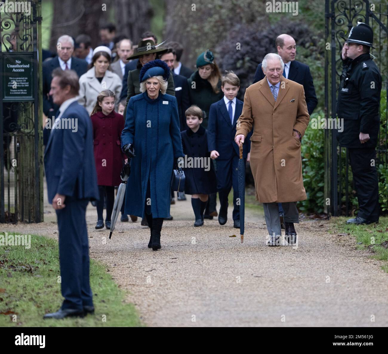 Sandringham, UK. 25 December, 2022.  Prince Andrew, Duke of York, Princess Eugenie, Princess Charlotte, Catherine, Princess of Wales, Camilla, Queen C Stock Photo