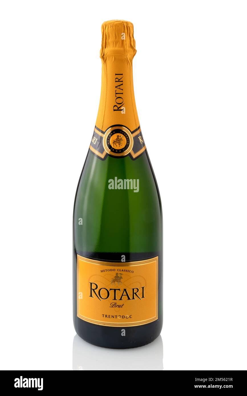 Trento, Italy - december 26, 2022: Rotari sparkling wine bottle isolated on white, it is a Trentodoc, an Italian classic method produced in Mezzacoron Stock Photo